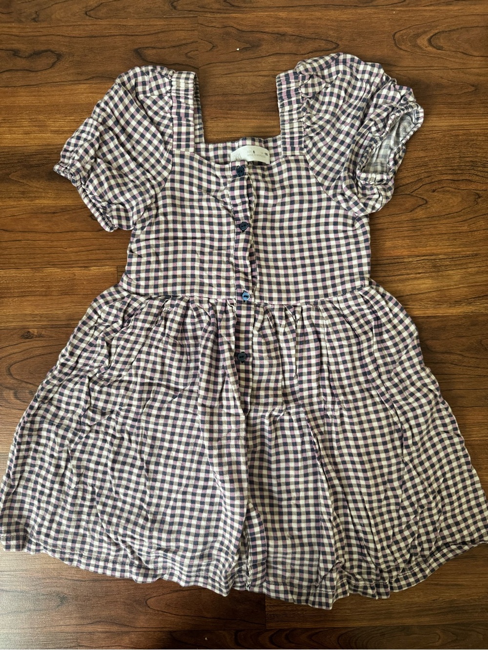 Zara | Girls' Purple and White Gingham Puff-Sleeve Button Front Dress